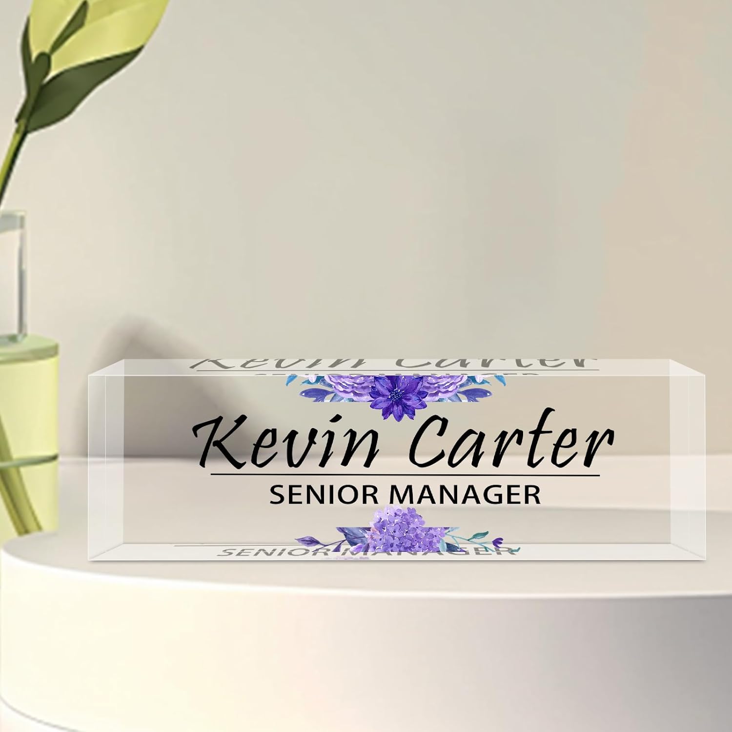 Name Plate for Desk Personalized, Acrylic Desk Decorations, Employee Appreciation Gifts, Custom Office Gifts for Coworkers, Boss, Teacher, Nurse (Purple Flowers)