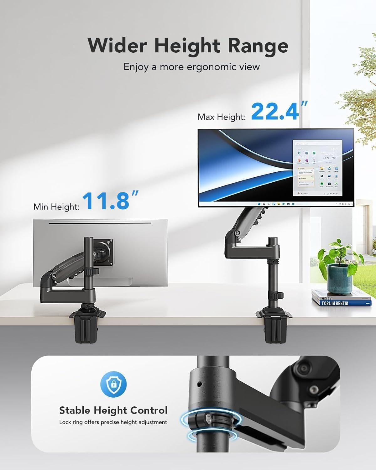 HUANUO Single Monitor Arm, Adjustable Desk Mount for 13-34 inch Screens, Holds 19.8lb, 22.44 inch Max Height, Full Motion Swivel Monitor Stand with VESA 75x75mm and 100x100mm Compatibility