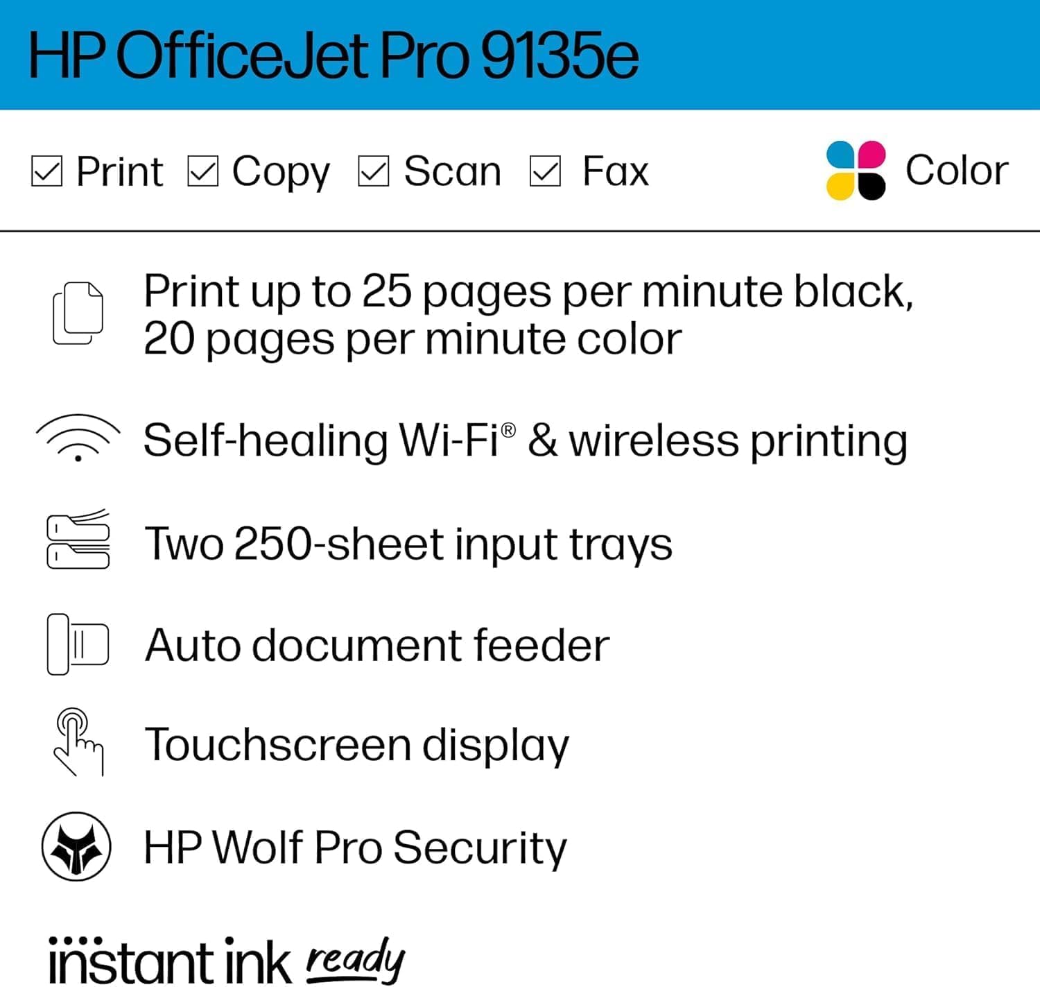 HP OfficeJet Pro 9135e All-in-One Printer, Color, Printer-for-Small Medium Business, Print, Copy, scan, fax, Wireless, 3 Months of Instant Ink Included; Two-Sided Printing; Two-Side (Renewed Premium)