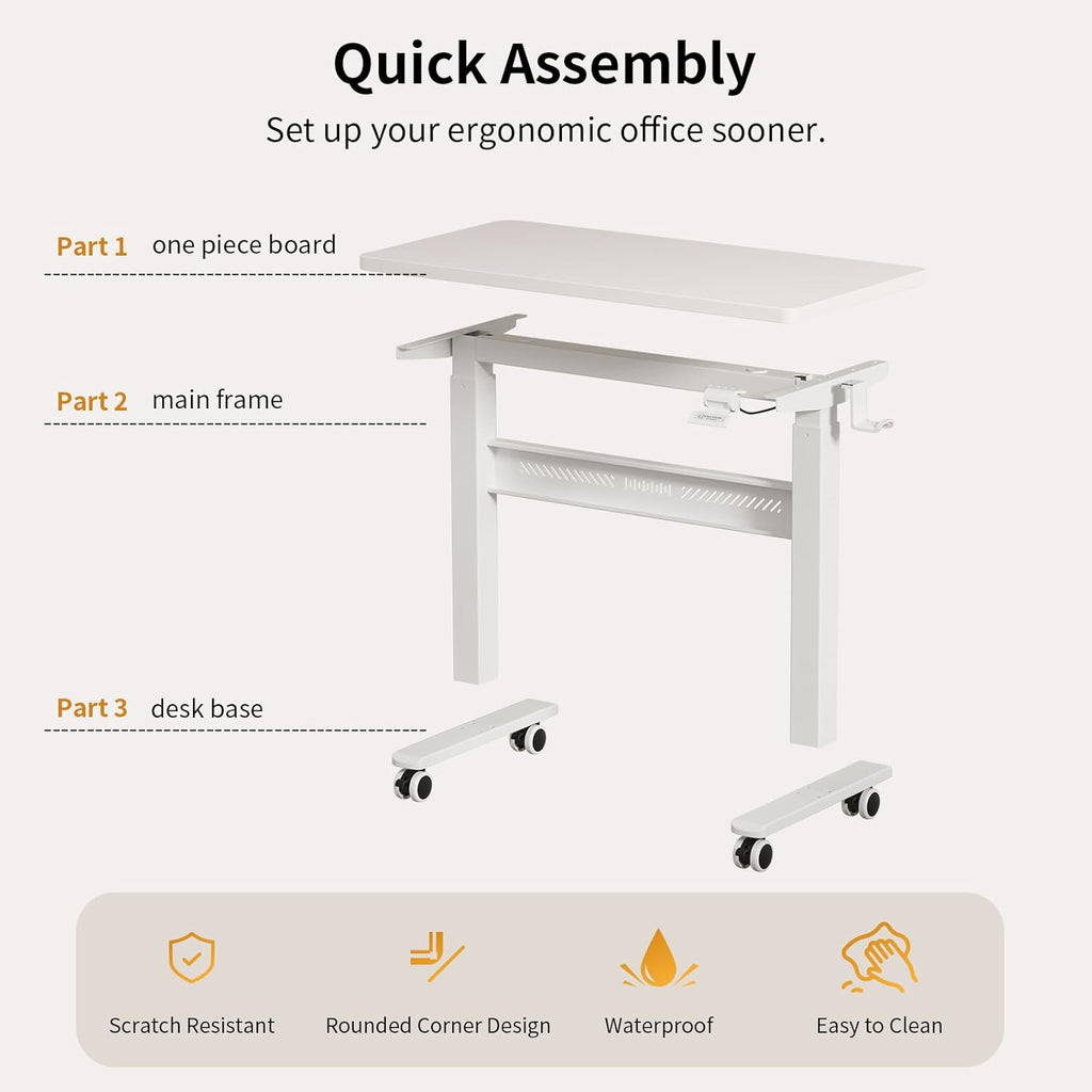 Mobile Walking Pad Desk with Wheels, Pneumatic Small Rolling Standing Desk Riser Height Adjustable (28-43.7") for Treadmill, Portable Computer Table for Home Office, White