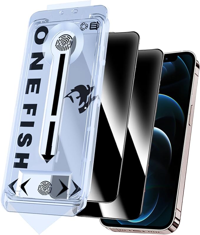 OneFish Privacy Screen Protector for iphone 12 Pro Max, Anti-Spy Tempered Glass Private,Edge Protection Screen Protector with Installation Frame,9H Glass Scratch Resistant, Bubble Free, 2 Packs.
