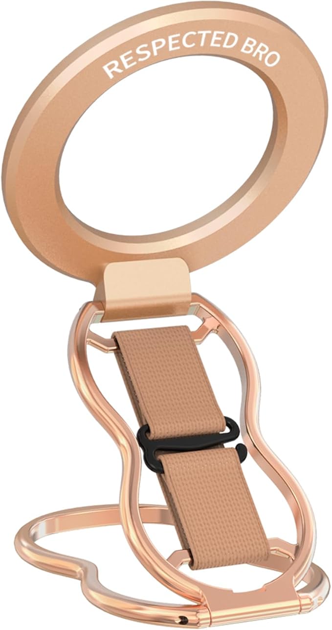 RESPECTED-BRO-Magnetic-Phone-Grip-Stand-with-Finger-Strap, 4-in-1 Magnetic Ring Holder, Kickstand and Elastic Strap for Smartphones, Universal Fit for iPhone, Android, and Cases (Rose Gold)