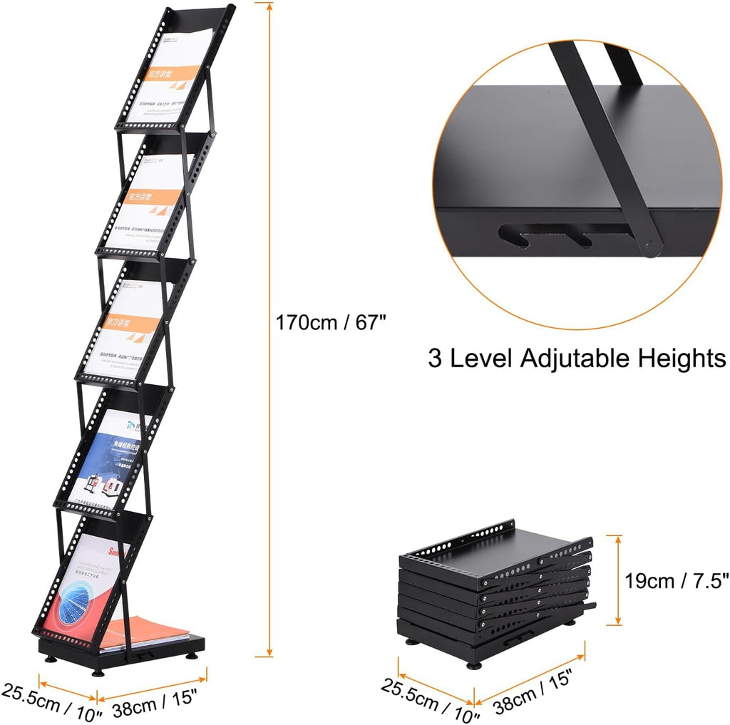 PATIKIL Foldable Magazine Display Racks Floor Standing 5 Layers Brochure Stand Catalog Literature Holder with Wheels for Hotel, Exhibition, Trade Show, Office