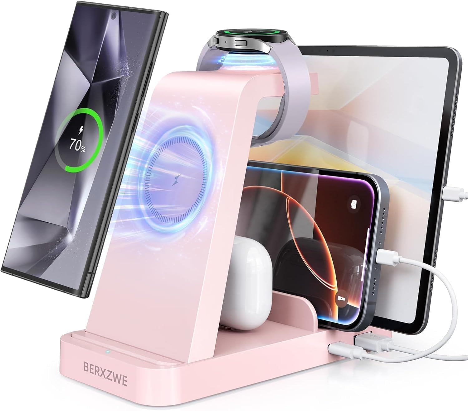 Wireless Charger for Samsung, 5 in 1 Wireless Charging Station for Samsung, Charger Dock Stand for Galaxy Watch Ultra 7 6 5 4 3, Galaxy S25 S24 Ultra S23 S22 S21, Note 20 10 Z Fold Buds, Pink