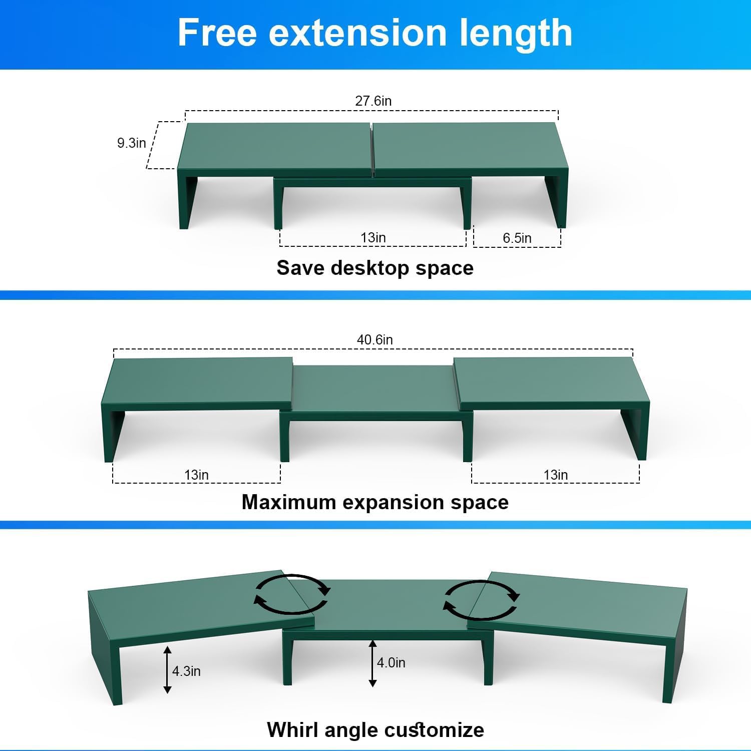 Dual Monitor Stand for Desk, Metal Computer Stand, Desk Shelf Riser,Desktop Organizer for Home and Office Use (Green)
