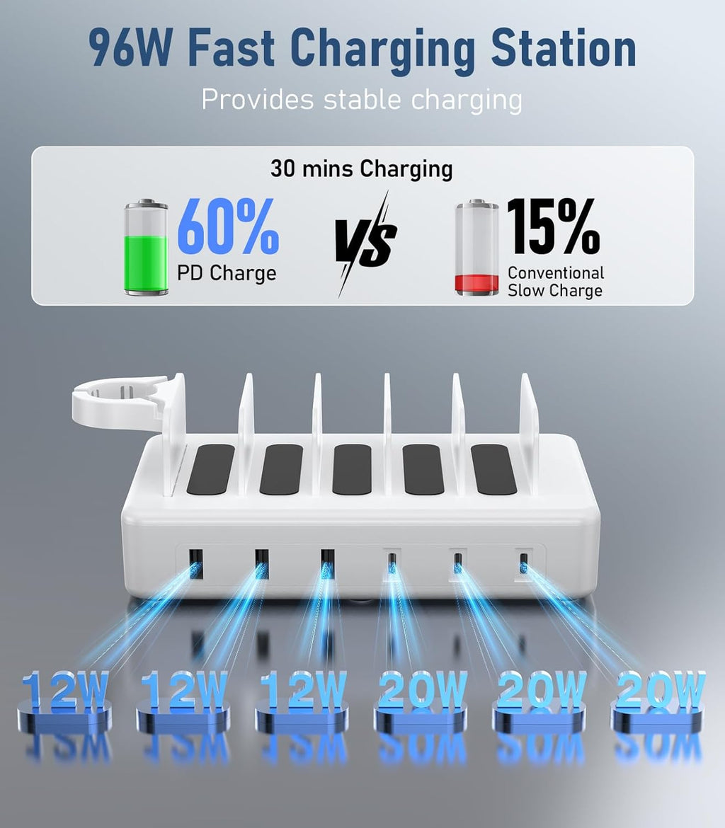 96W Charging Station for Multiple Devices,CREATIVE DESIGN 6 Ports USB C Charging Station with 3 PD 20W USB-C,Multi Charger Station for Cellphone Kindle Tablet and Other Electronic