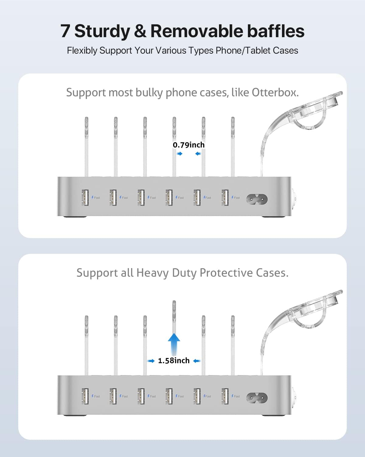 SooPii Premium 6-Port USB Charging Station Organizer for Multiple Devices, 6 Short Charging Cables and One Upgraded i-Watch Charger Holder Included, for Phones,Tablets and Other Electronics, Silver