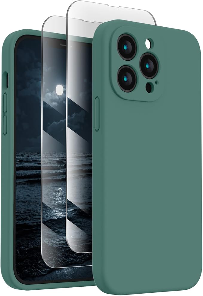 FireNova Designed for iPhone 13 Pro Case, Silicone Upgraded [Camera Protection] Phone Case with [2 Screen Protectors], Soft Anti-Scratch Microfiber Lining Inside, 6.1 inch, Midnight Green