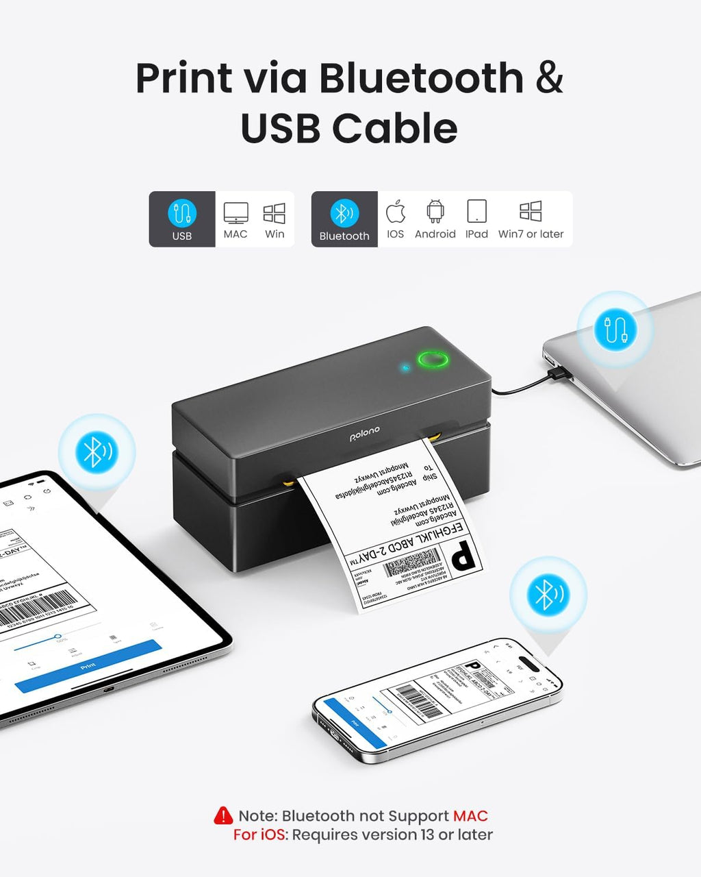 POLONO Bluetooth Thermal Shipping Label Printer, Wireless 4x6 Shipping Label Printer for Small Business, Support iOS, Android, Windows and Mac, Compatible with Amazon, Ebay, Shopify, Etsy, USPS(Black)