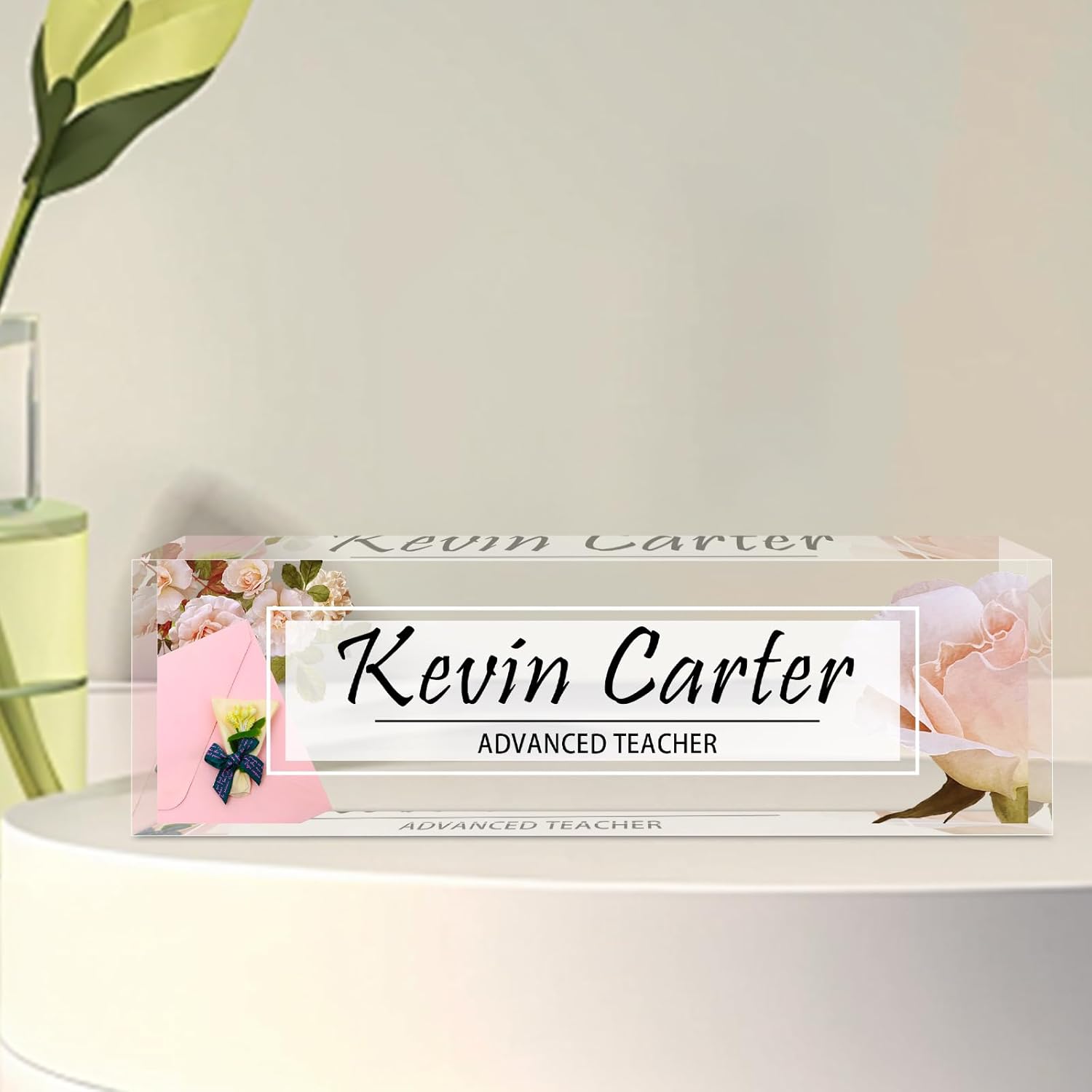 Name Plate for Desk Personalized, Acrylic Desk Decorations, Employee Appreciation Gifts, Custom Office Gifts for Coworkers, Boss, Teacher, Nurse (Pink Rose)