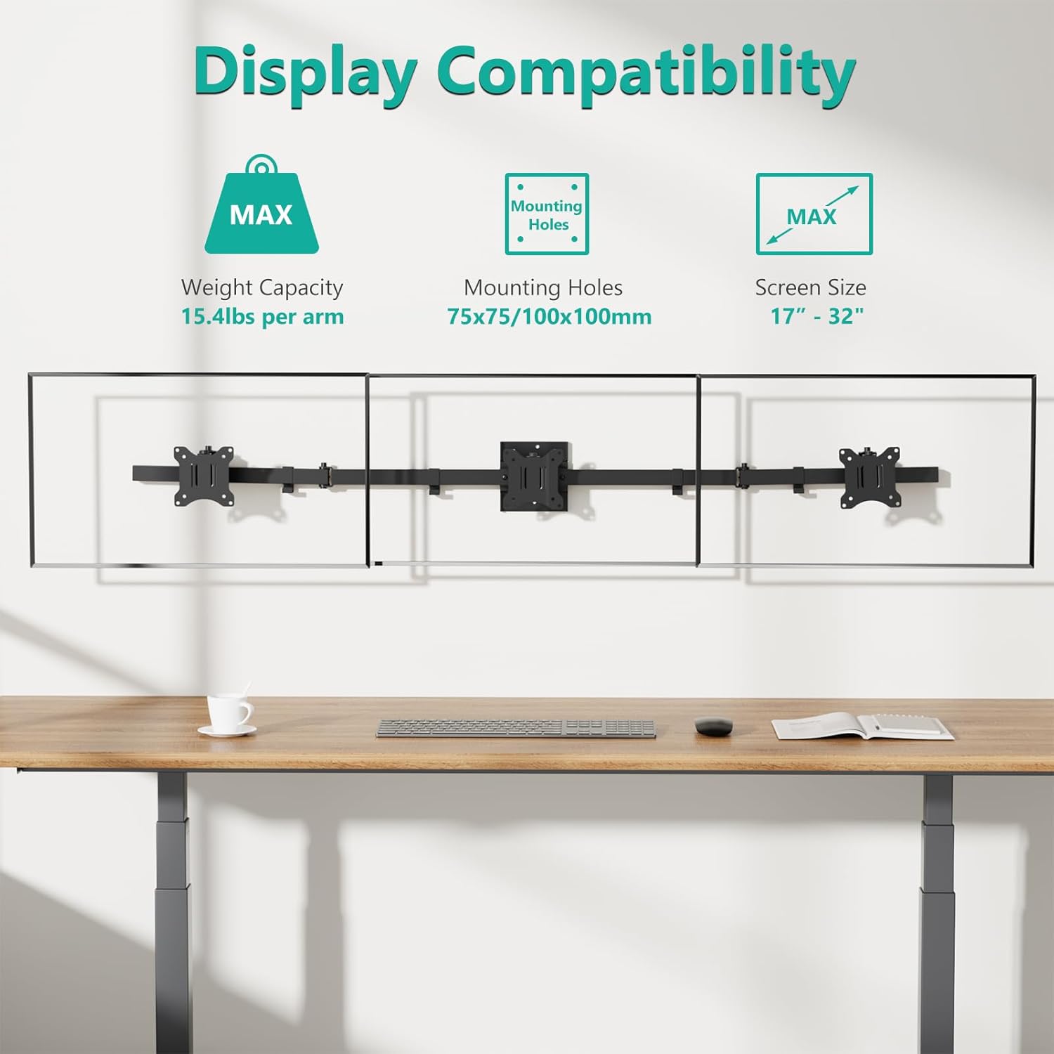 WALI Triple Monitor Wall Mount for 17 to 32 Inch, Computer Monitor Arm for 3 Screens, Swivel Tilt Wall Mount with Mounting Holes 75x75/100x100mm, Per Arm Holds Up to 15.4lbs (013ARM), Black