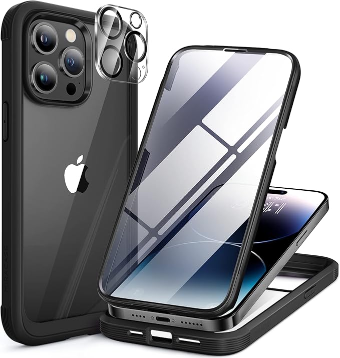 Miracase Glass Series Designed for iPhone 14 Pro Max Case 6.7 Inch, Upgrade Full-Body Bumper Case with Built-in 9H Tempered Glass Screen Protector with Camera Lens Protector, Black