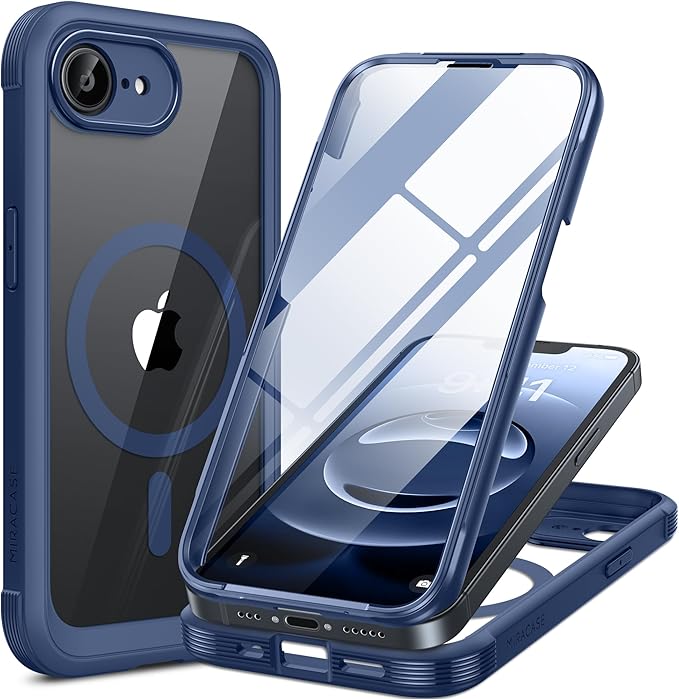Miracase Magnetic for iPhone 16e Case Full-Body Phone with Built-in Glass Screen Protector, [Compatible with MagSafe] Military Drop Proof 16E Cover Bumper 6.1 inch, Blue