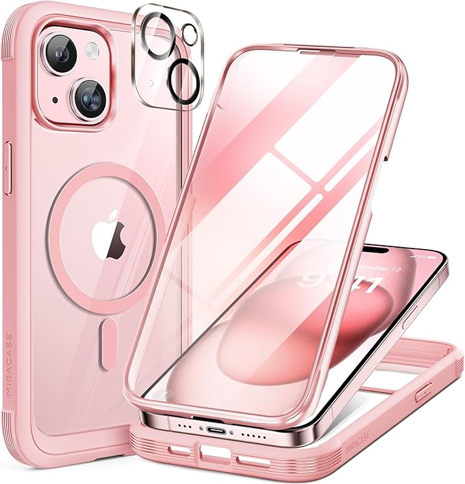 Miracase Magnetic for iPhone 15 Plus Case 6.7'' [Compatible with Magsafe] Full-Body Military Drop Proof 15 Plus Phone Case Cover with Built-in 9H Tempered Glass Screen Protector,Magnetic Pink