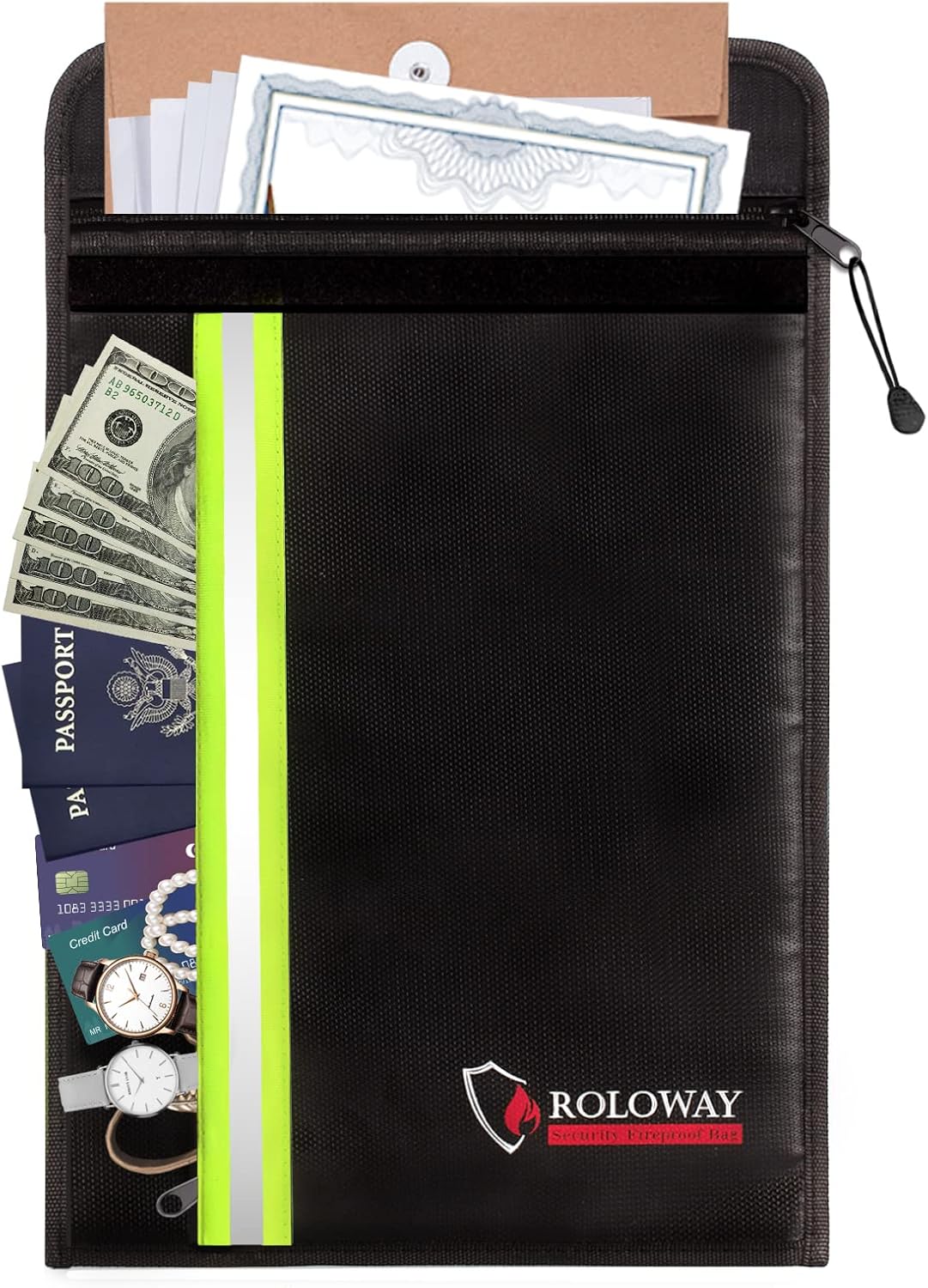 ROLOWAY Fireproof Envelope for Cash, Legal Documents Safe (15 x 11 inch) with 2 Pockets & Waterproof Zipper, Black
