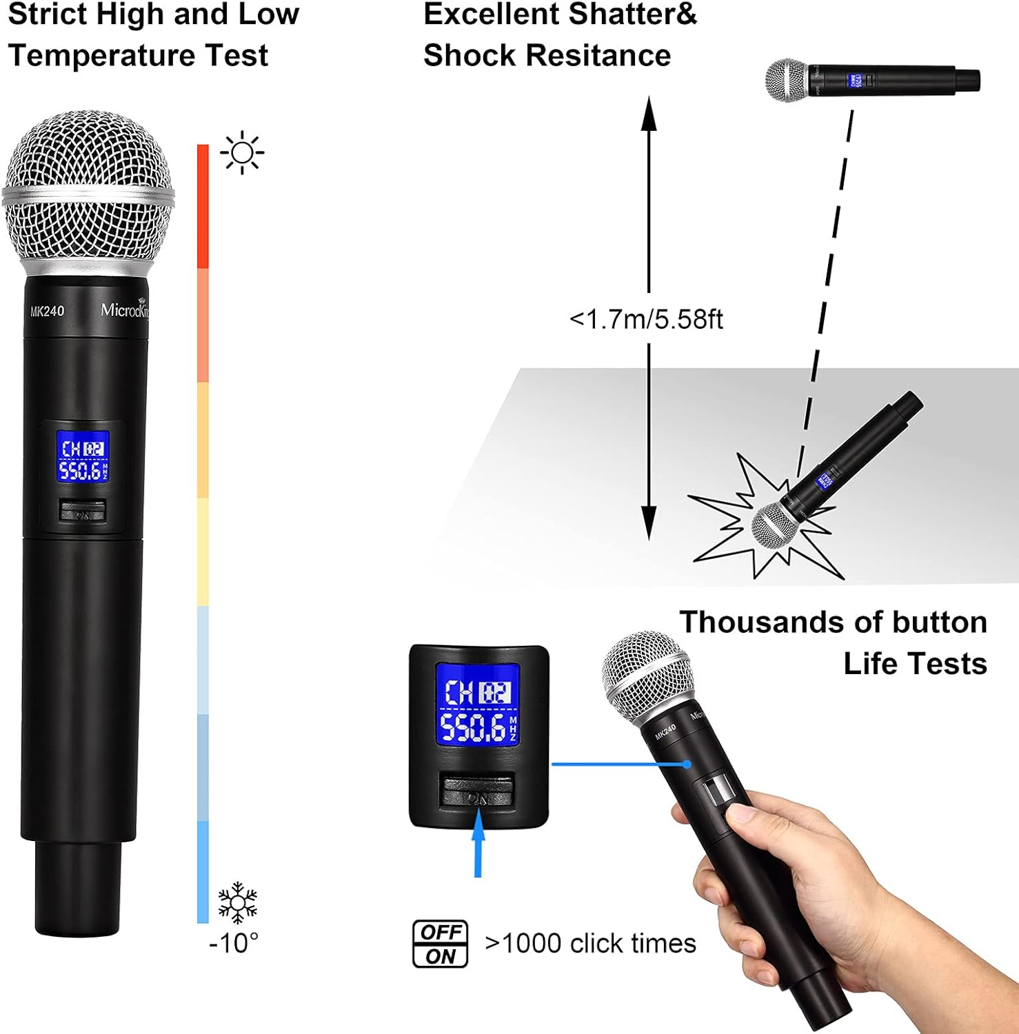 MicrocKing Wireless Microphone System, UHF Cordless Mic Set with 2 Handheld Mics/2 Lavalier Bodypacks, Metal Build, Fixed Frequency, Long Range, Ideal for Karaoke/Party/Wedding/Concert