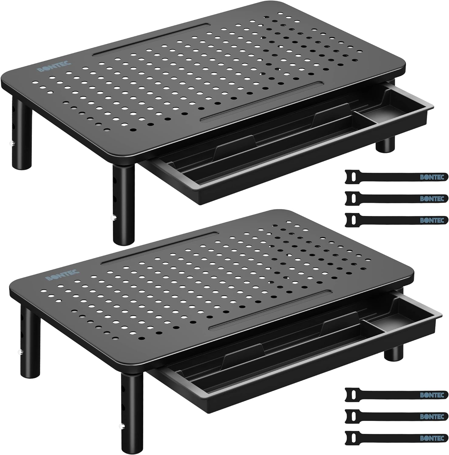 BONTEC 2 Pack Adjustable Monitor Stand Riser with Drawer, Ergonomic Mesh Platform Computer Monitor Stand for Desk, Ventilated Laptop and PC Stand with Cable Management, Supports up to 44lbs