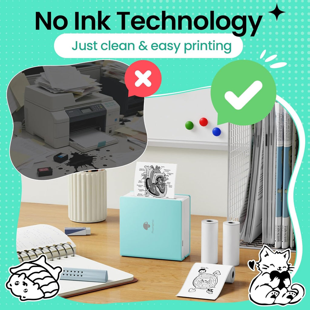 Phomemo Mini Sticker Printer- Mini Printer Sticker Maker Machine M02, Print Pods Suitable for Student Name Label, Study Notes, Creative DIY, Diaries, Portable Thermal Printer for School/Home/Office