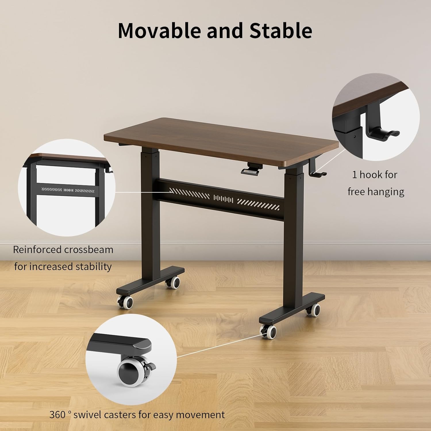 Mobile Walking Pad Desk with Wheels, Pneumatic Small Rolling Standing Desk Riser Height Adjustable (28-43.7") for Treadmill, Portable Computer Table for Home Office, Black Walnut