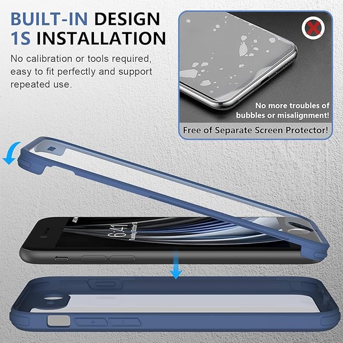 Miracase for iPhone SE Phone Case 3rd/2nd Generation 2022 2020 Full-Body with Built-in Glass Screen Protector, Heavy Duty 360° Protective Shockproof Bumper Cover for iPhone 8/SE, Blue