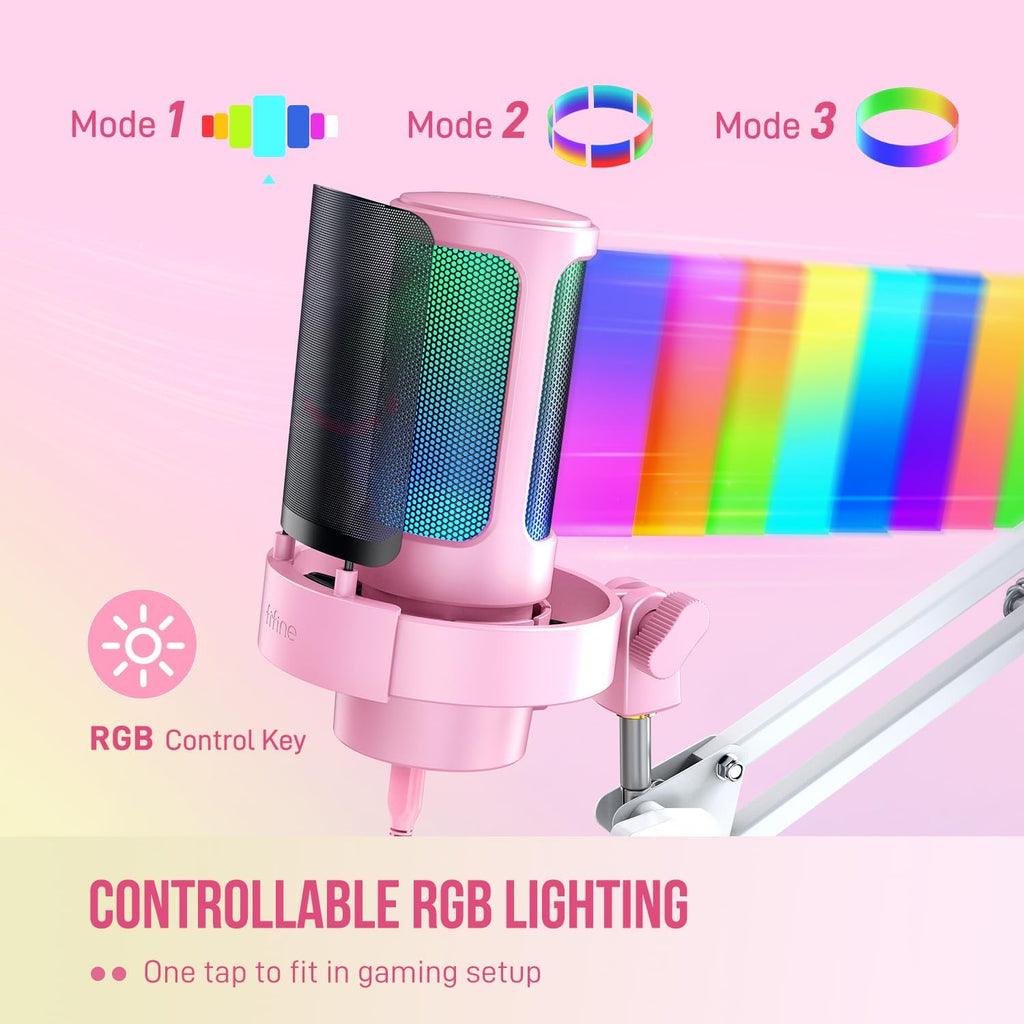 FIFINE USB Streaming Microphone with Boom Arm, Gaming Mic Kit for PC PS4/PS5, Podcast Microphone for Podcast with RGB Control, Mute Button, Gain Knob, Headphones Jack, Pop Filter-A8T Pink