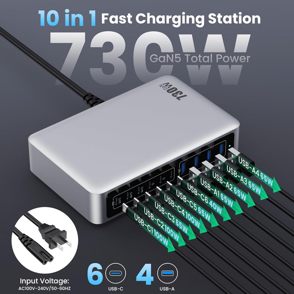 730W USB C Charger Block,10-Ports GaN V Fast Charging Station Hub,QC4.0+3 PD 100W Laptop Charger Wall Power Adapter for MacBook Pro/Air,DELL,iPhone 16/15/14/13,iPad,Galaxy S25,Pixel,Steam Desk-Silver