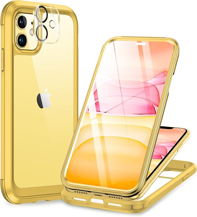 Miracase Glass Series for iPhone 11 Case 6.1 inch, Upgraded Full-Body Rugged Phone Bumper Case Cover with Built-in 9H Tempered Glass Screen Protector and Camera Protector, Yellow