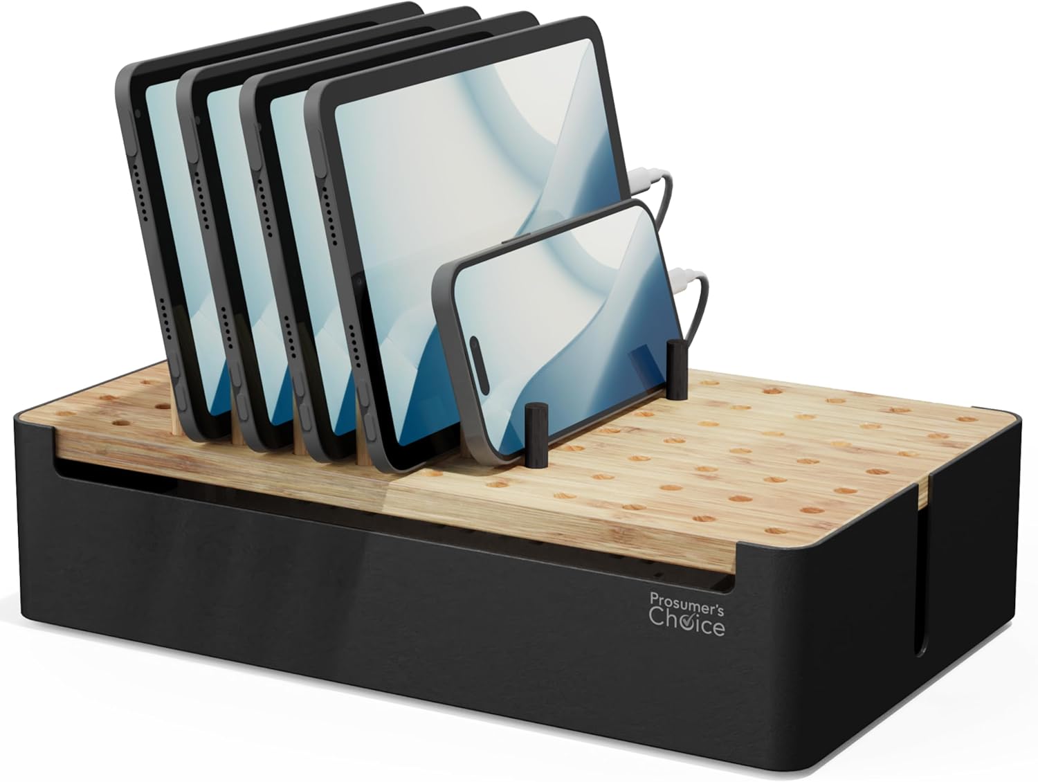 Prosumer's Choice Black Wooden Charging Station Organizer for Multiple Devices - Cable Management Box with 5 Slots and Removable Dividers - Charger Organizer for Phone, Tablet, Home, Office, 12"x6"x7"