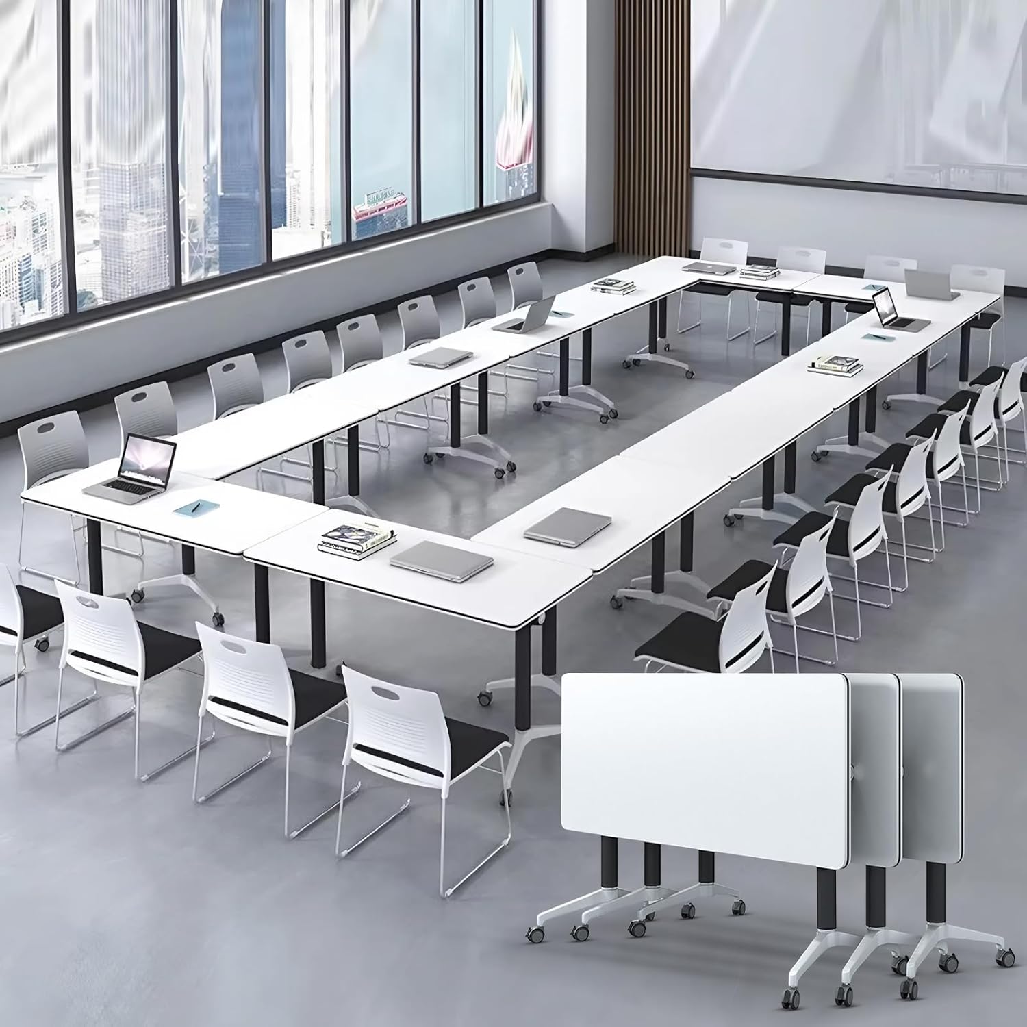 Conference Room Table with Flip-Top Design for Dynamic Meetings, Business Table Computer Desk with Heavy-Duty Frame,Foldable Seminar Meeting Tables for Home Office (4, E, 61IN)