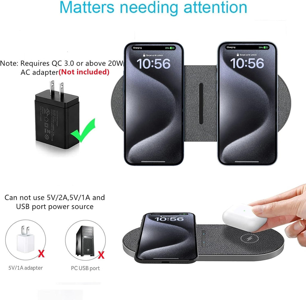40W Wireless Charging Pad, Dual 20W Fast Wireless Charging Mat for iPhone 16 15 14 13 12 11/Pro/Pro Max/SE/X/XS,Apple Airpods 4/3/Pro,15W Wireless Charger Station for Samsung Galaxy/Note/Bud+