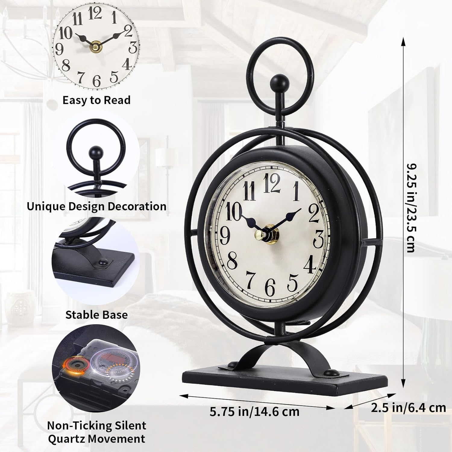 Small Vintage Metal Desk Clock, Decorative Table Clock for Living Room, Silent Mantel Clocks Farmhouse Shelf Decor Battery Operated, 9.5" Black