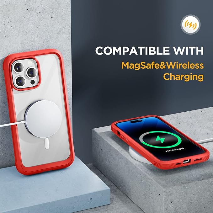 Miracase Glass Series Designed for iPhone 14 Pro Max Case 6.7 Inch, Upgrade Full-Body Bumper Case with Built-in 9H Tempered Glass Screen Protector, with Camera Lens Protector, Red