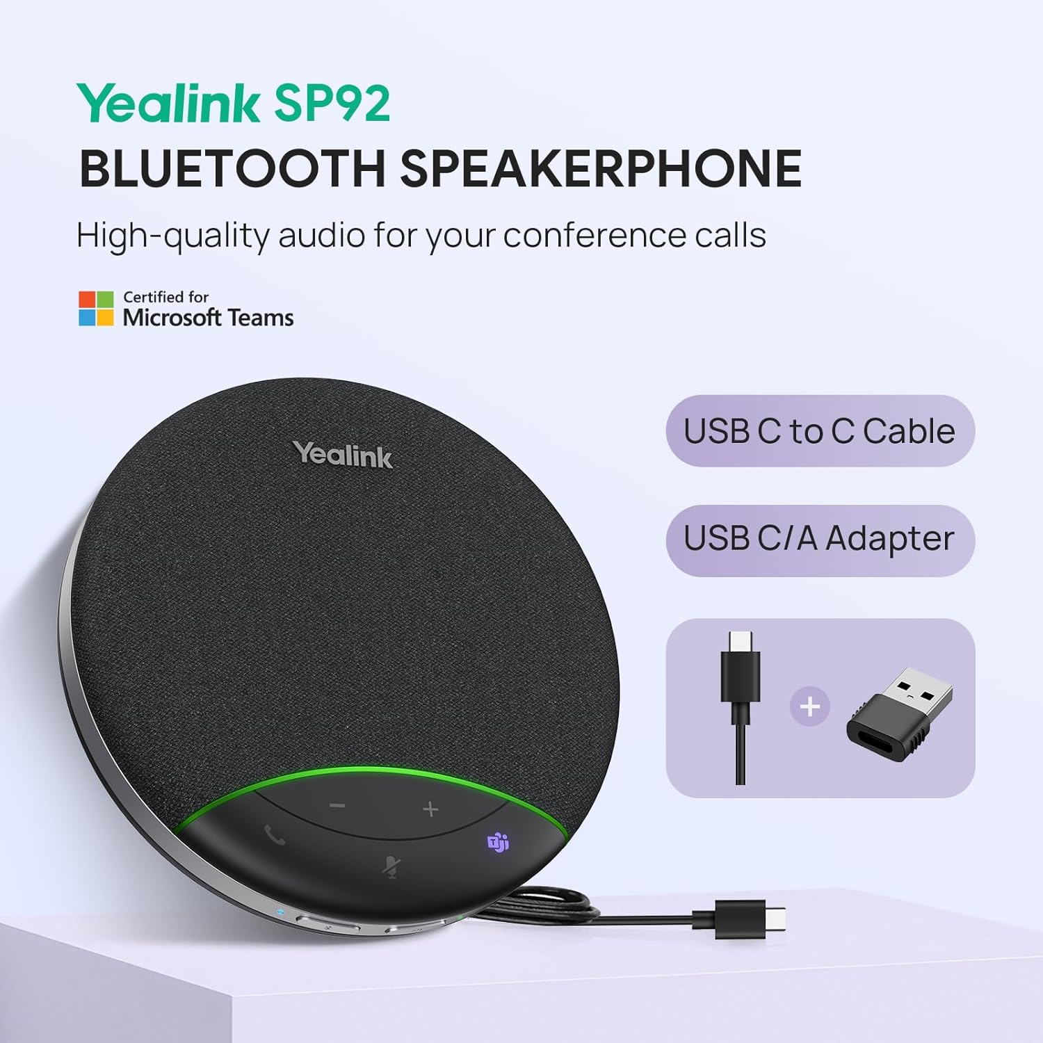 Yealink SP92 Bluetooth Speakerphone USB Conference Speakers and Microphone Teams Certified Full-Duplex Noise Reduction 360° Audio Pickup for Small Meeting Room