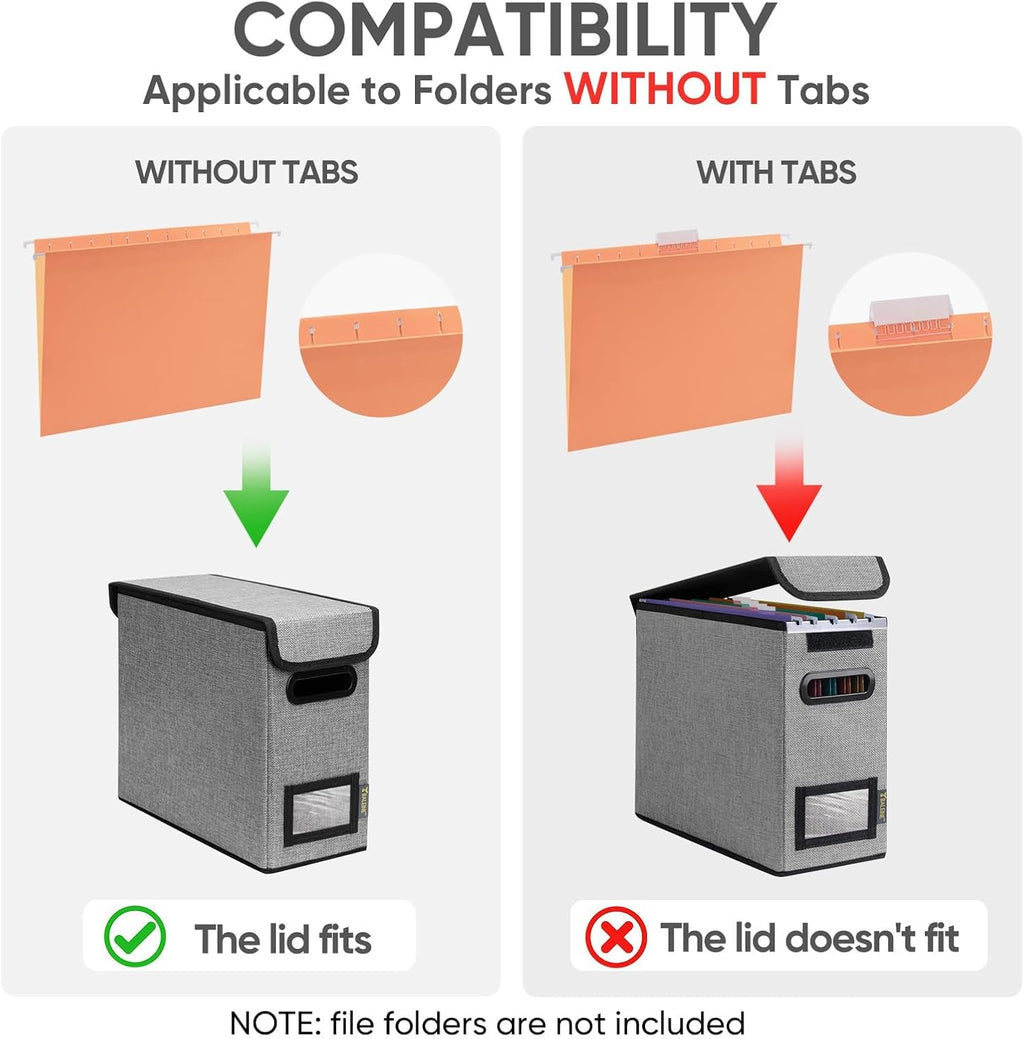 BALEINE File Organizer Box with Lid, Collapsible File Folder Organizer with Plastic Slide, Hanging File Folder Box for Office Document Storage (2 Pack, Grey, S)