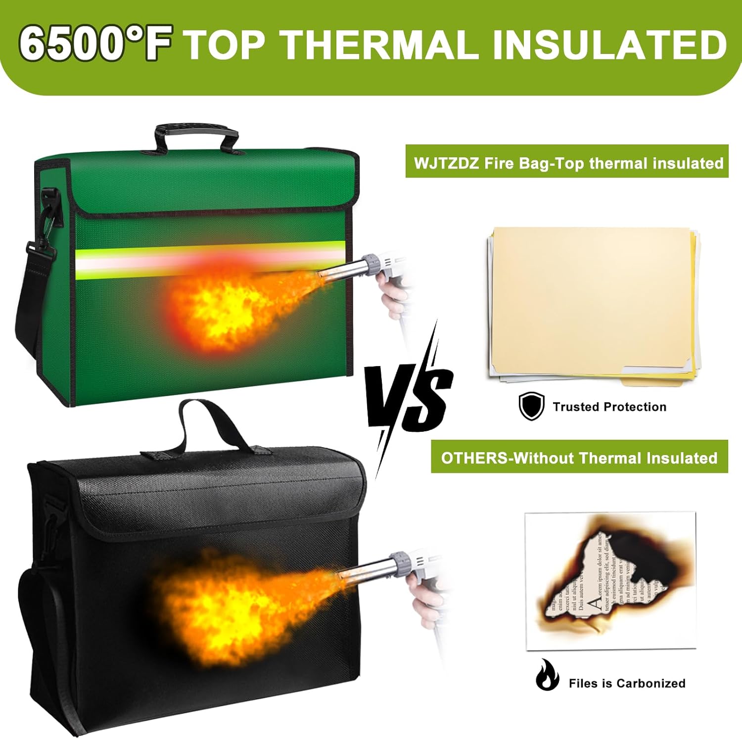 Large Fireproof Money Bags with Lock-6500°F Fireproof Document Box,10 Layers Insulation Materials&Waterproof Zipper,Removable Folder Layers/Wallet,Reflective Strip for Valuables(16.5”x 12.4”x 5.5”)