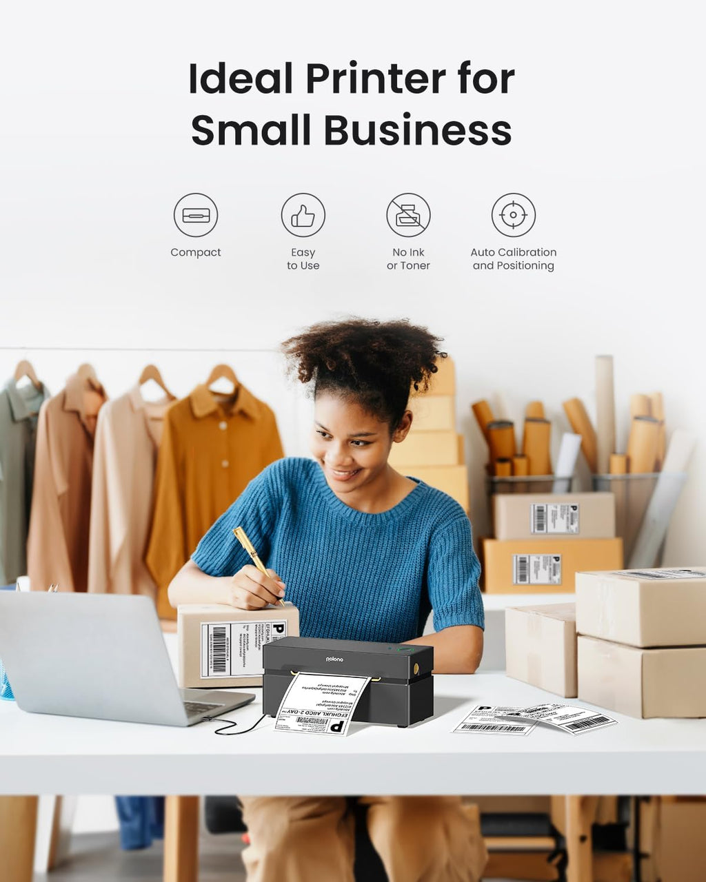 POLONO Bluetooth Thermal Shipping Label Printer, Wireless 4x6 Shipping Label Printer for Small Business, Support iOS, Android, Windows and Mac, Compatible with Amazon, Ebay, Shopify, Etsy, USPS(Black)