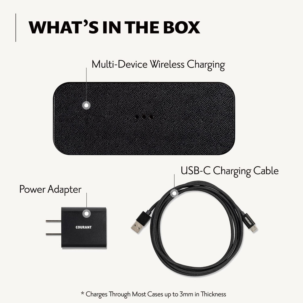 Courant Catch:2 Classics - Italian Leather Dual Wireless Charging Pad - Compatible with iPhone 11, X, SE, Galaxy S23, S22, S21, S20, Note, AirPods, AirPods Pro (Black)