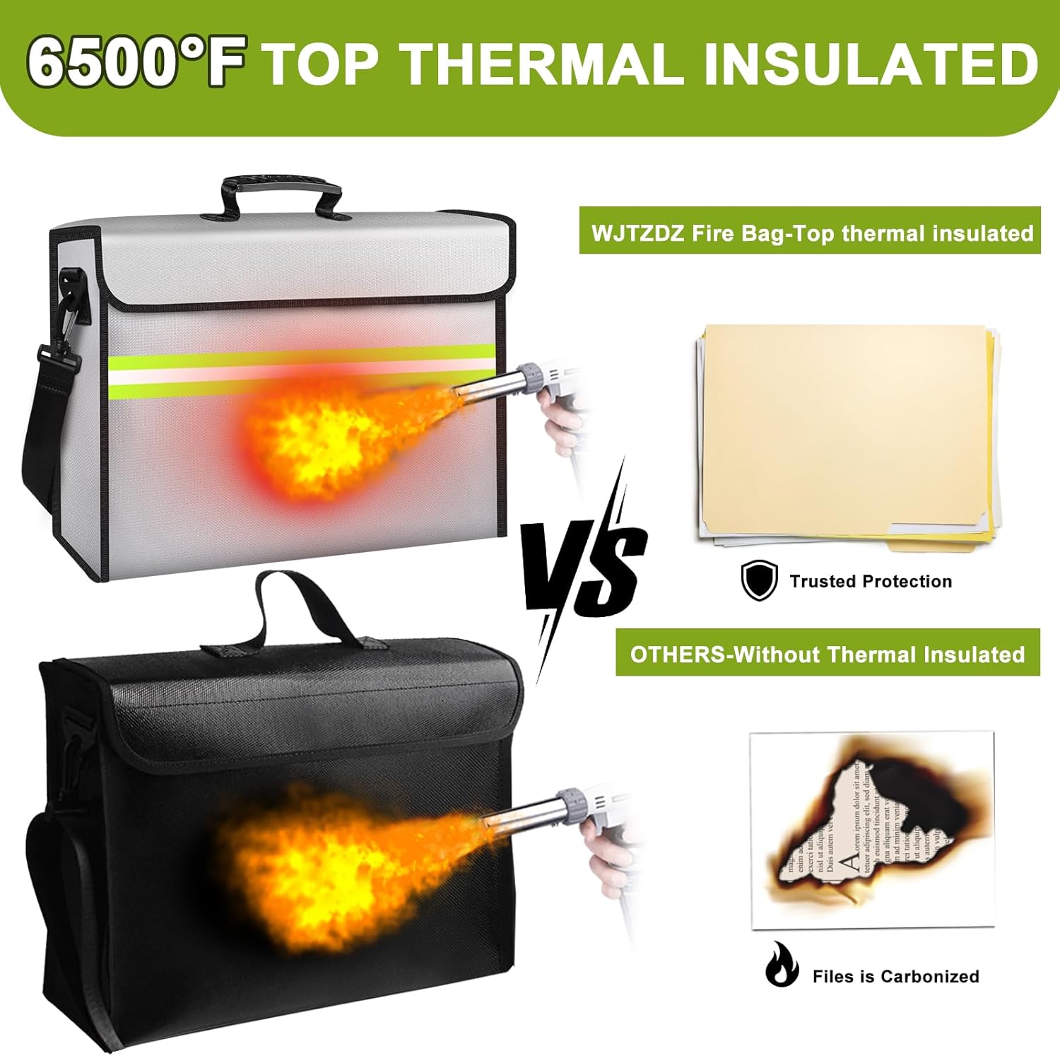 Fireproof Money Bags with Lock-6500°F Fireproof Document Box,10 Layers Insulation Materials&Waterproof Zipper,Removable Folder Layers/Wallet,Reflective Strip for Cash,Valuables(14.2”x 9.6”x 4.1”)