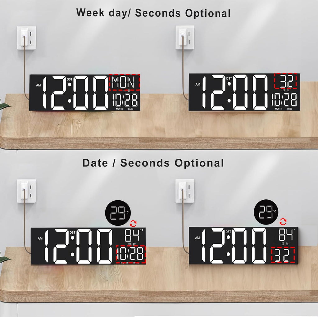 JALL 30" Large Digital Wall Mount Clock with Remote Control, Alarm, Huge Giant Big LED, Countdown, Auto DST, Temperature for Living Room Classroom Desk, Xmas, Birthday Gift, White