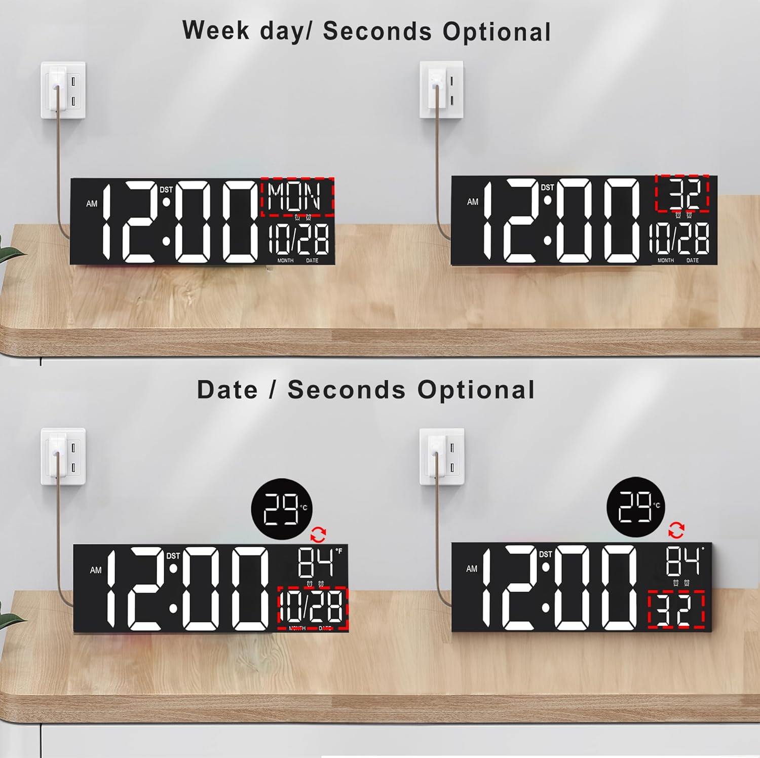 JALL 30" Large Digital Wall Mount Clock with Remote Control, Alarm, Huge Giant Big LED, Countdown, Auto DST, Temperature for Living Room Classroom Desk, Xmas, Birthday Gift, White