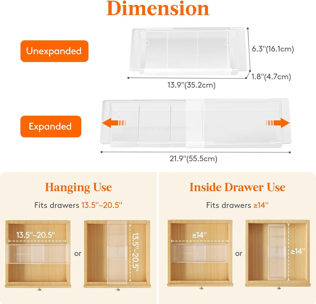 Lifewit Sliding Makeup Drawer Organizer Trays with Inserts, Extendable Hanging Desk Drawer Divider, Fits 13-20" Deep Drawers, 1.8" High Plastic Organizer Tray for Vanity, Office, Kitchen, Translucent