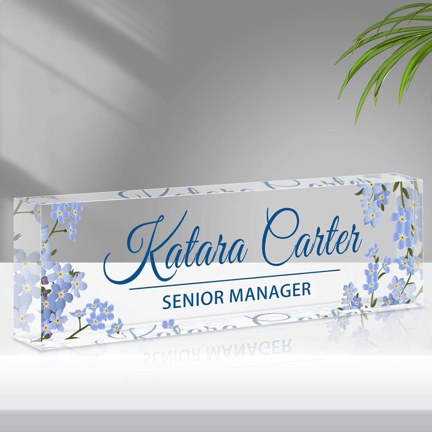 Name Plate for Desk Personalized, Acrylic Desk Decorations, Employee Appreciation Gifts, Custom Office Gifts for Coworkers, Boss, Teacher, Nurse (Blue Bouquet)