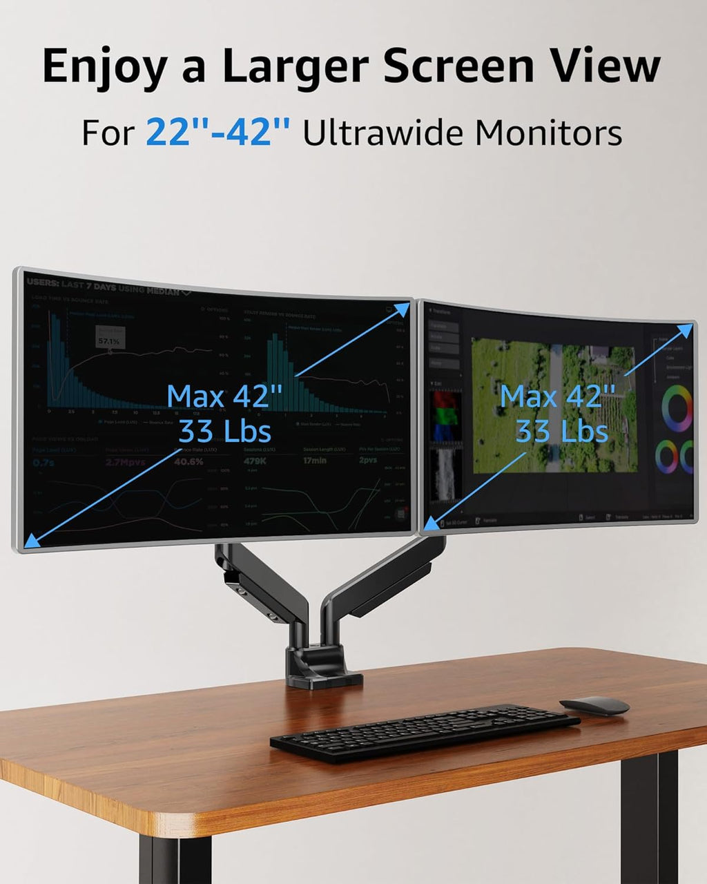 MOUNTUP Dual Monitor Mount fits 42 40 39 37 34 32 27 inch Ultrawide Screen, Holds 6.6-33lbs, Dual Monitor Arm Desk Mount, Heavy Duty Gas Spring Monitor Stand for 2 Monitors, with Clamp/Grommet Base