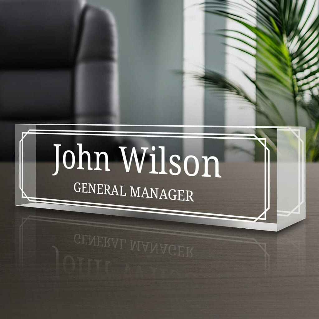 Personalized Name Plate for Desk - Custom Engraved Name Plates for Man - Boss Day Gifts for Boss - Acrylic Office Decor Appreciation Gifts for Teacher Nurse Coworker Social Worker (White-Engraved)