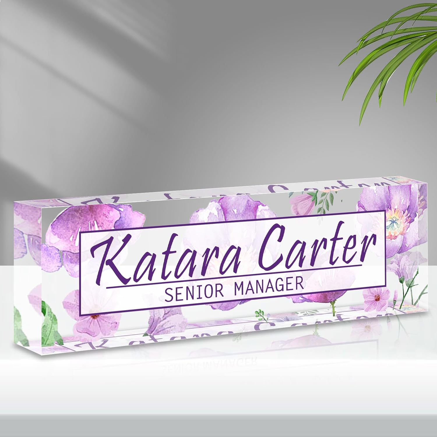 Name Plate for Desk Personalized, Acrylic Desk Decorations, Employee Appreciation Gifts, Custom Office Gifts for Coworkers, Boss, Teacher, Nurse (Purple Floating Flowers)