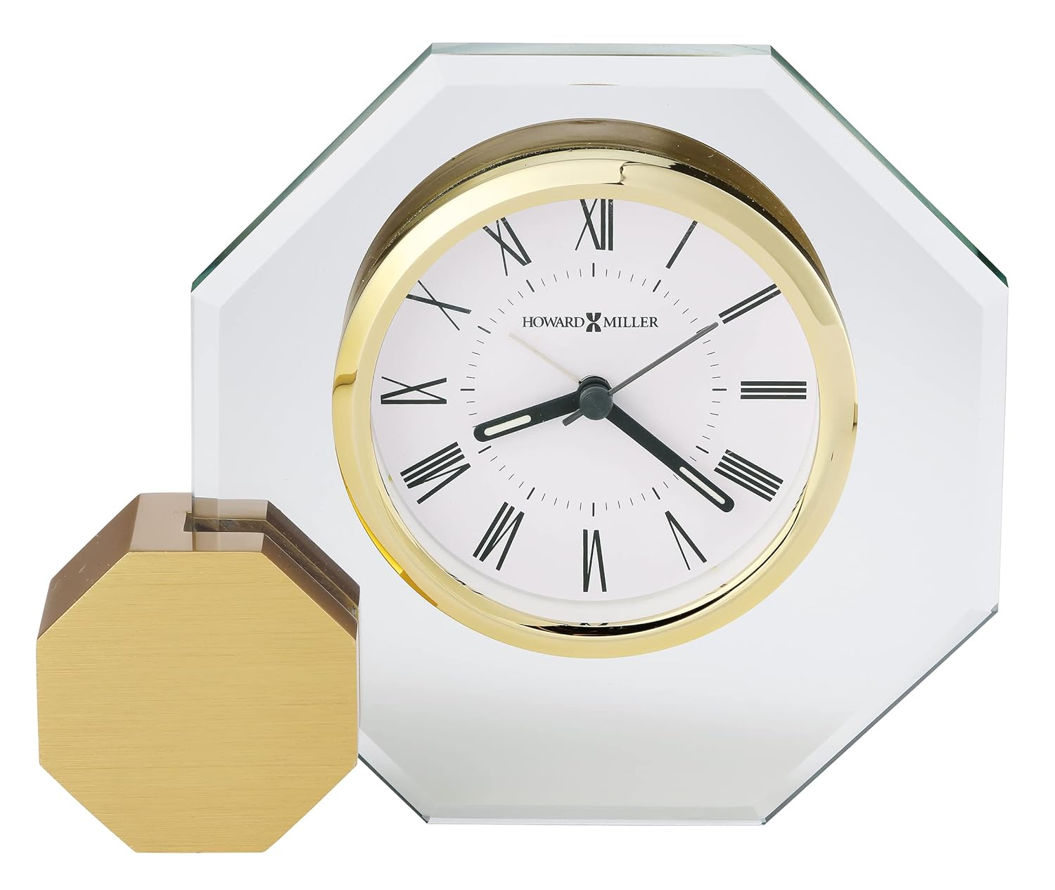 Howard Miller Danson Tabletop Clock – Premium Decorative Aluminum Base Clock with Octagon Glass Design Modern Alarm Clock Quartz Movement Roman Numeral Dial & Gold Tone Bezel for Elegant Home Decor