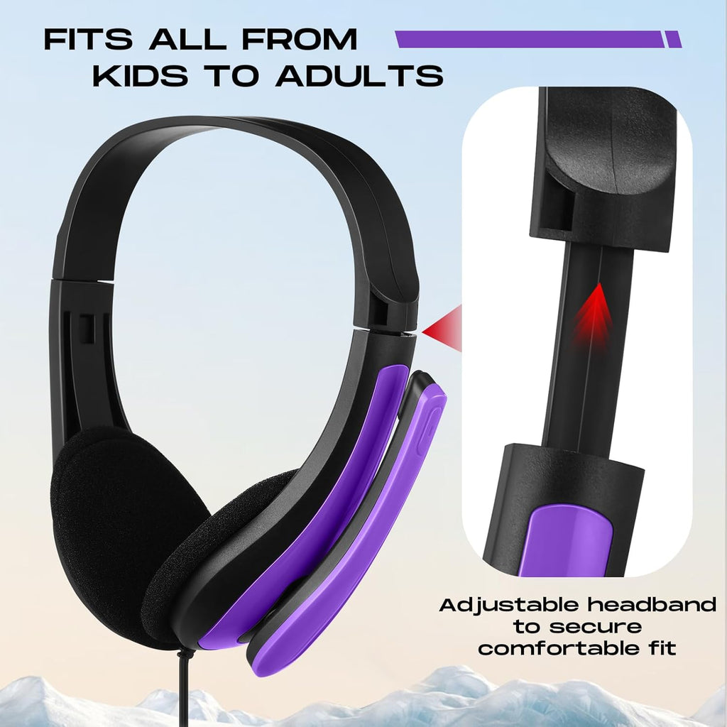 Yunsailing 20 Pack Bulk Classroom Headphones with Microphone Students Wired School Class Set Headphones for School Library Computer Office Adults 3.5 Jack Universal Plug (Purple)