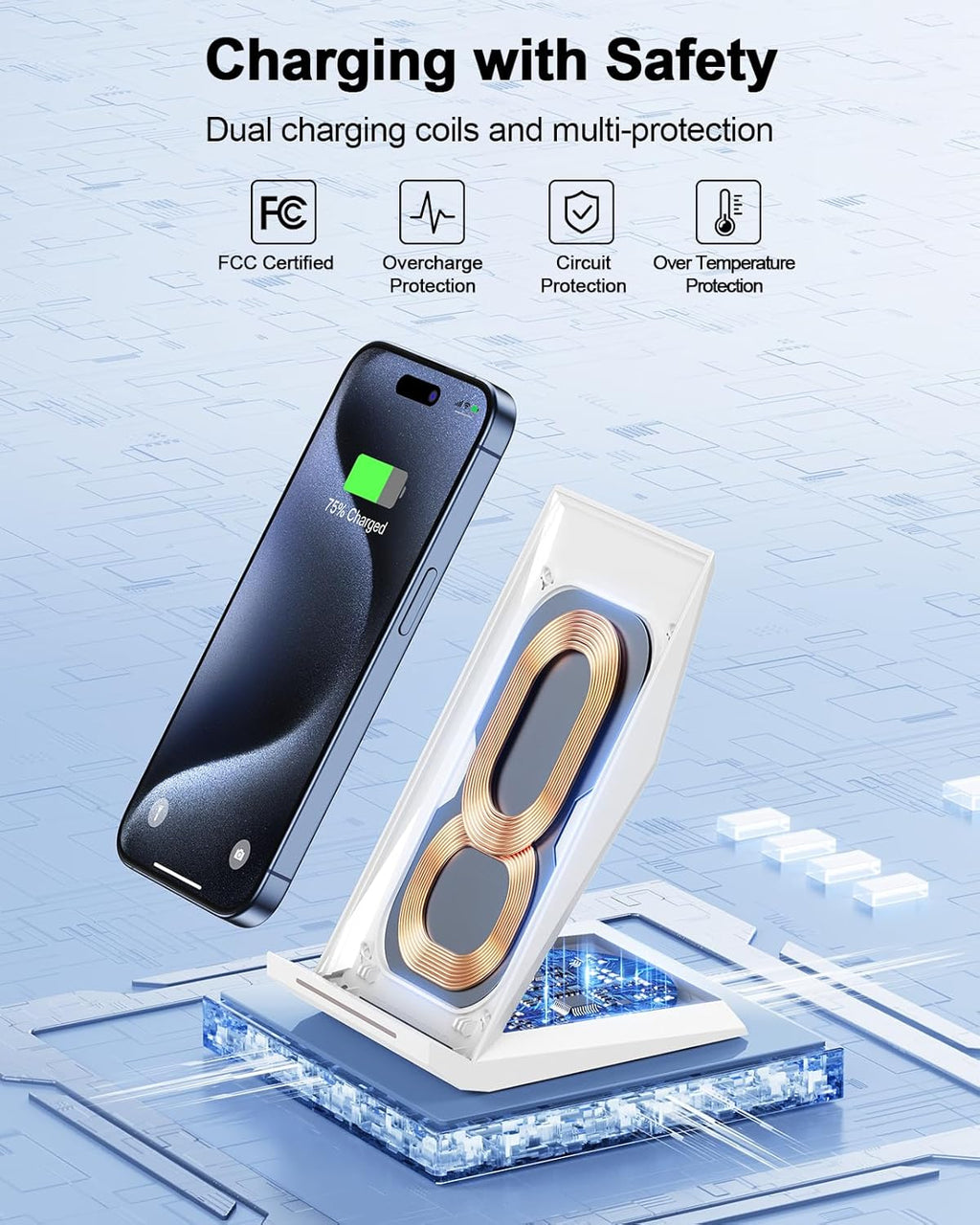 NANAMI Fast Wireless Charger - Qi Certified Charging Stand 7.5W Compatible iPhone 17/17 Pro/17 Pro Max/16/15/14/13/12, 10W for Samsung Galaxy S25/S24/S24 Ultra//S23/S22/21/S20 and Qi-Enabled Phones