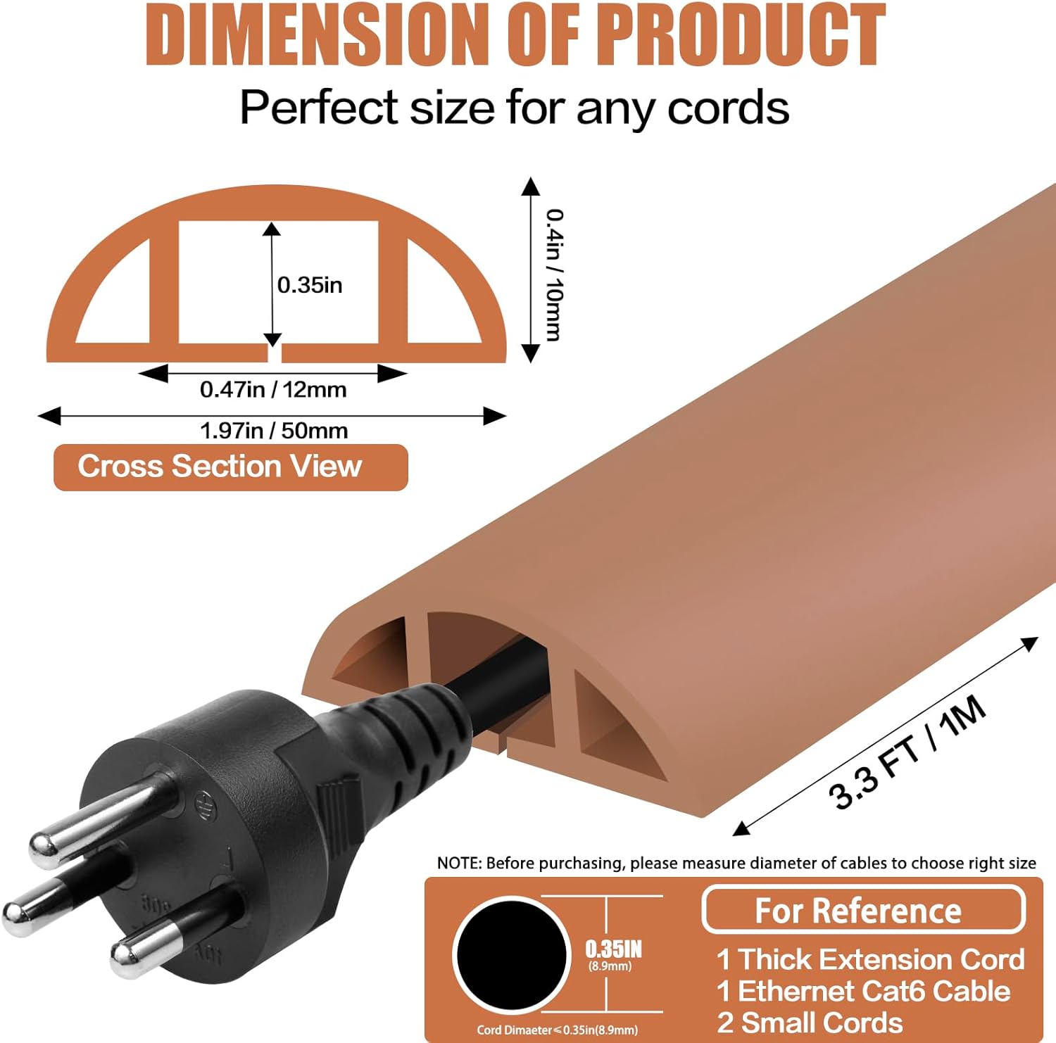 Floor Cord Cover Self Adhesive Cord Hider,3.3FT Cable Management, Extension Strip Protector for Wires, Prevent Cable Trips for Offices, Gyms, Exhibitions Cavity:0.47"(W) x 0.35"(H) Brown