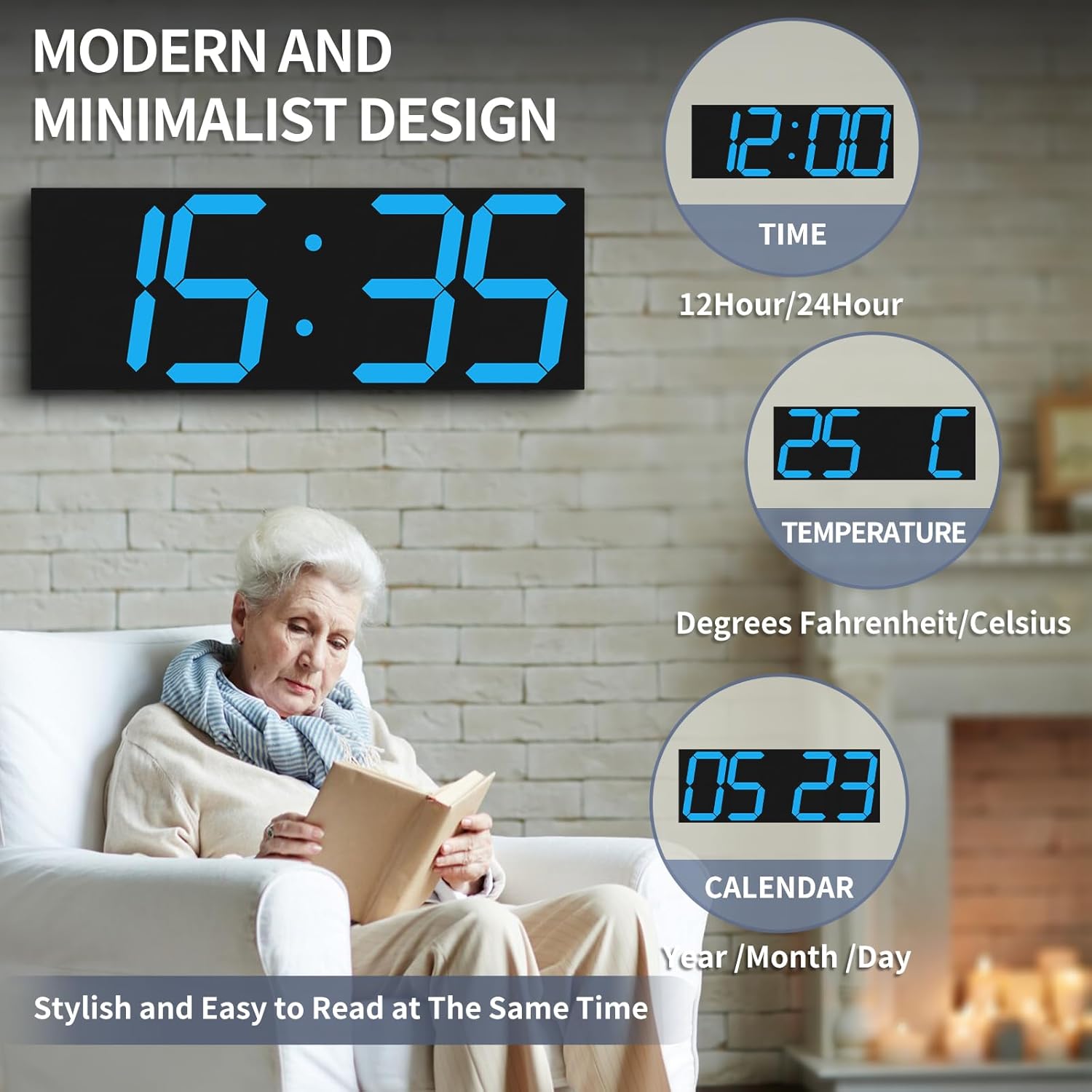 18.7in Large Digital Wall Clock,LED Digital Clock with Big Number,Multi-Function Remote Controlled Wall Clock with Timer, Alarm and Calendar Display(Blue)
